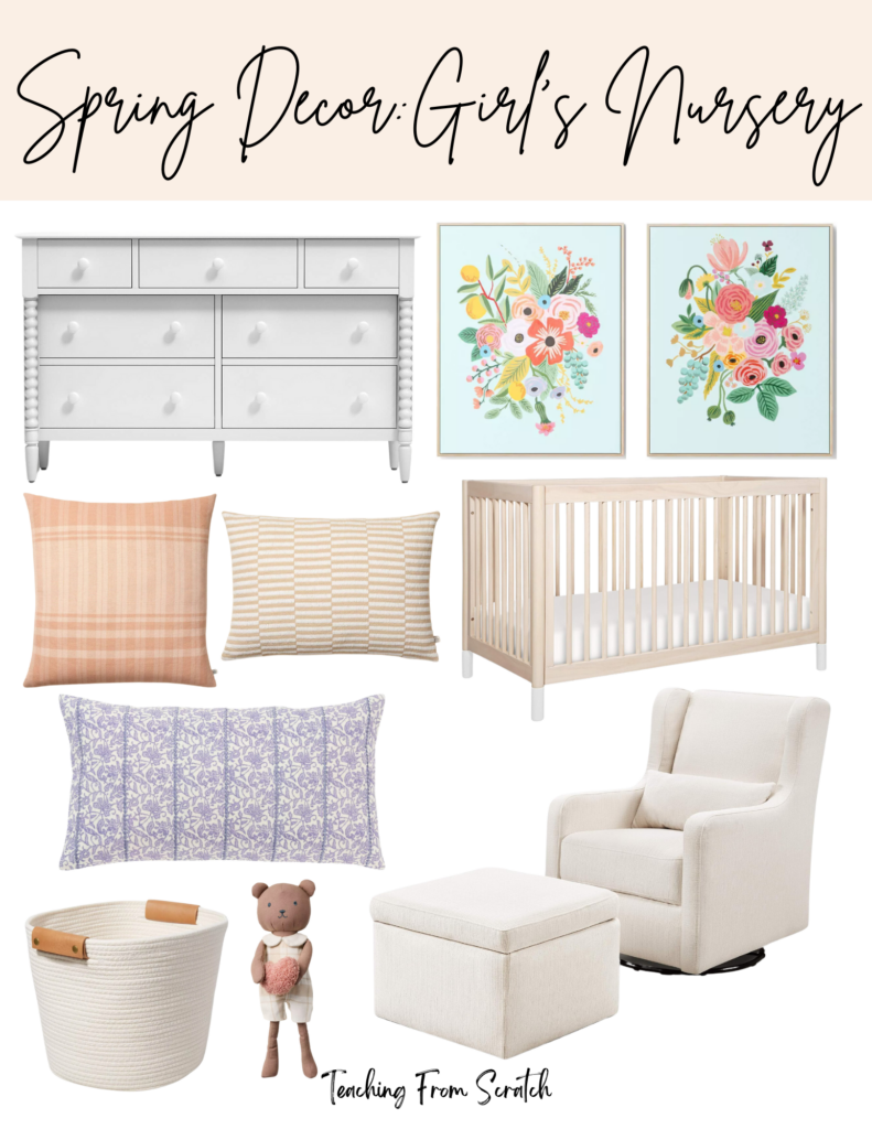 girls nursery ideas. Image of nursery items including: white dresser, two floral prints with blue background, pink and white rabbit pattern throw pillow, stuffed bear holding heart, light wood crib with white mattress, white and pink pattern pillow, white storage bins with leather handles, white glider with ottoman. 