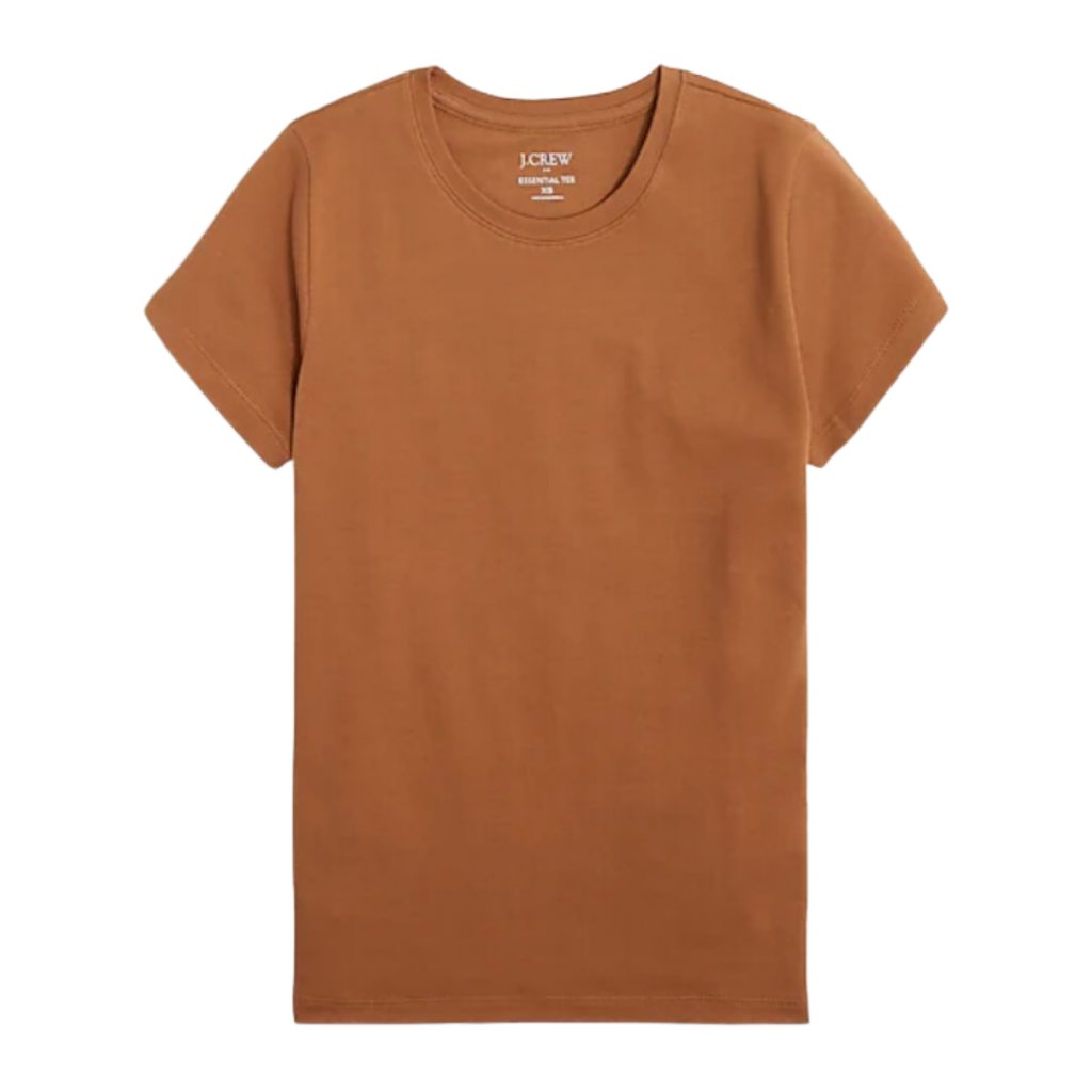 modest teacher outfits. Image of a camel brown short sleeve tshirt.