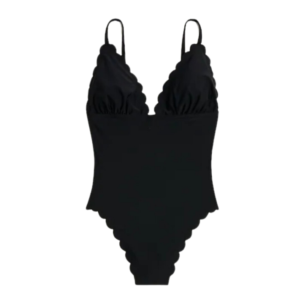 one piece bathing suits. Image of black one piece with thin straps and scalloped edges. 