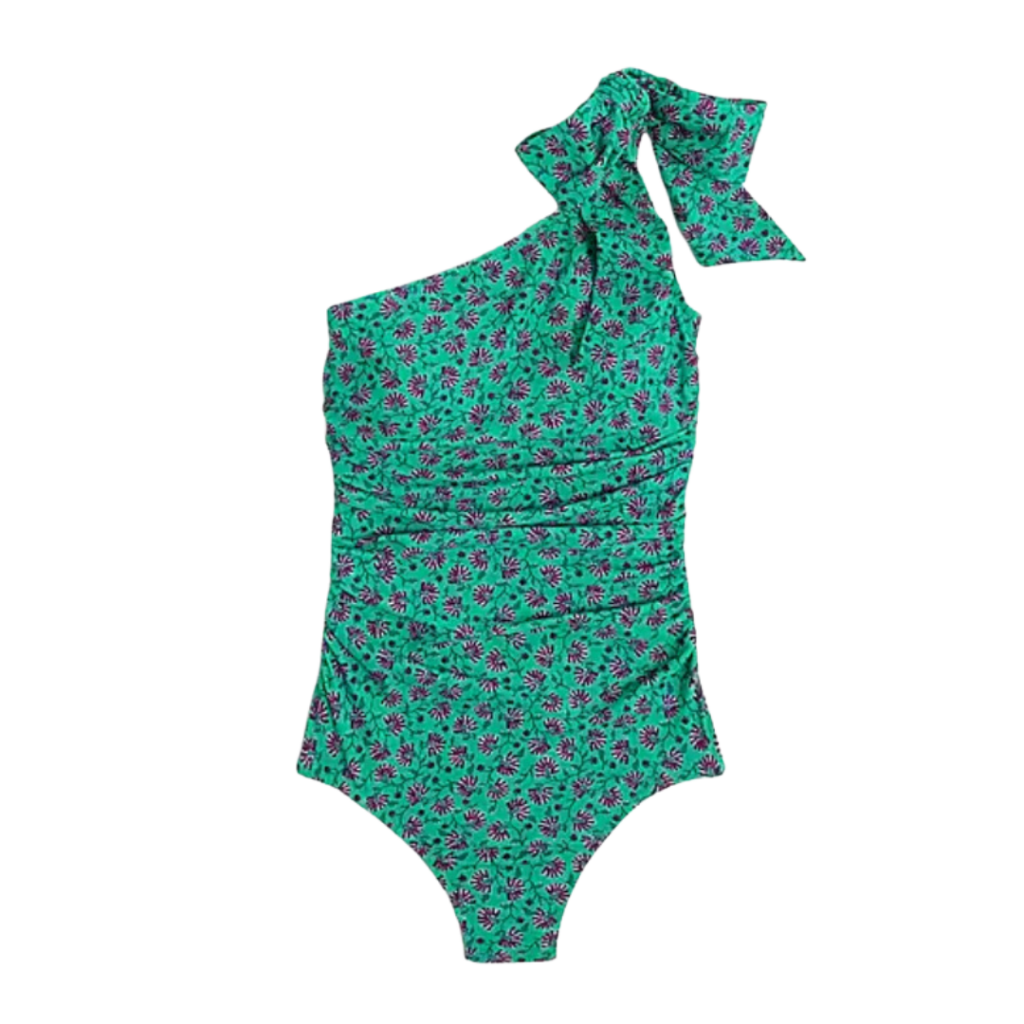 one piece swimsuits. Image of one should strap with bow swimsuit in green and flower block print. 