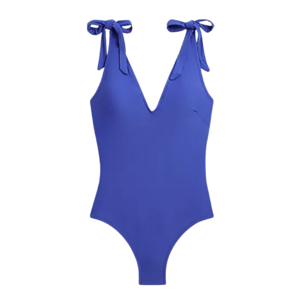 one piece swimwear. One piece tie shoulder in brilliant blue. 