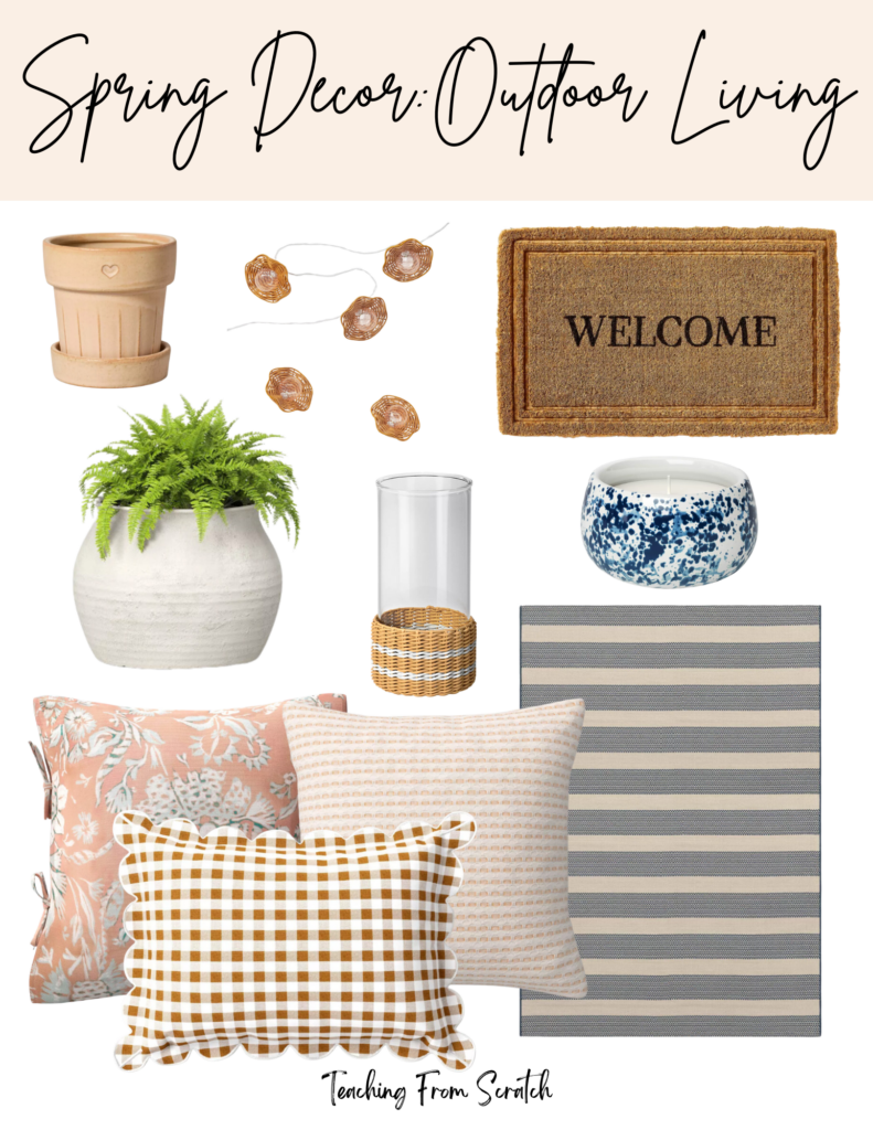 outdoor spring decor. Image of multiple spring decor items including: pot for plants with heart, string lights with rattan lantern, embossed welcome mat, grey clay pot with fern, glass candle holder with tan and white striped wicker cover at bottom, blue and white speckled candle, pink and blue floral throw pillow, pink and white scalloped pattern throw pillow, brown gingham lumbar pillow with scalloped edge, blue and white striped rug. 