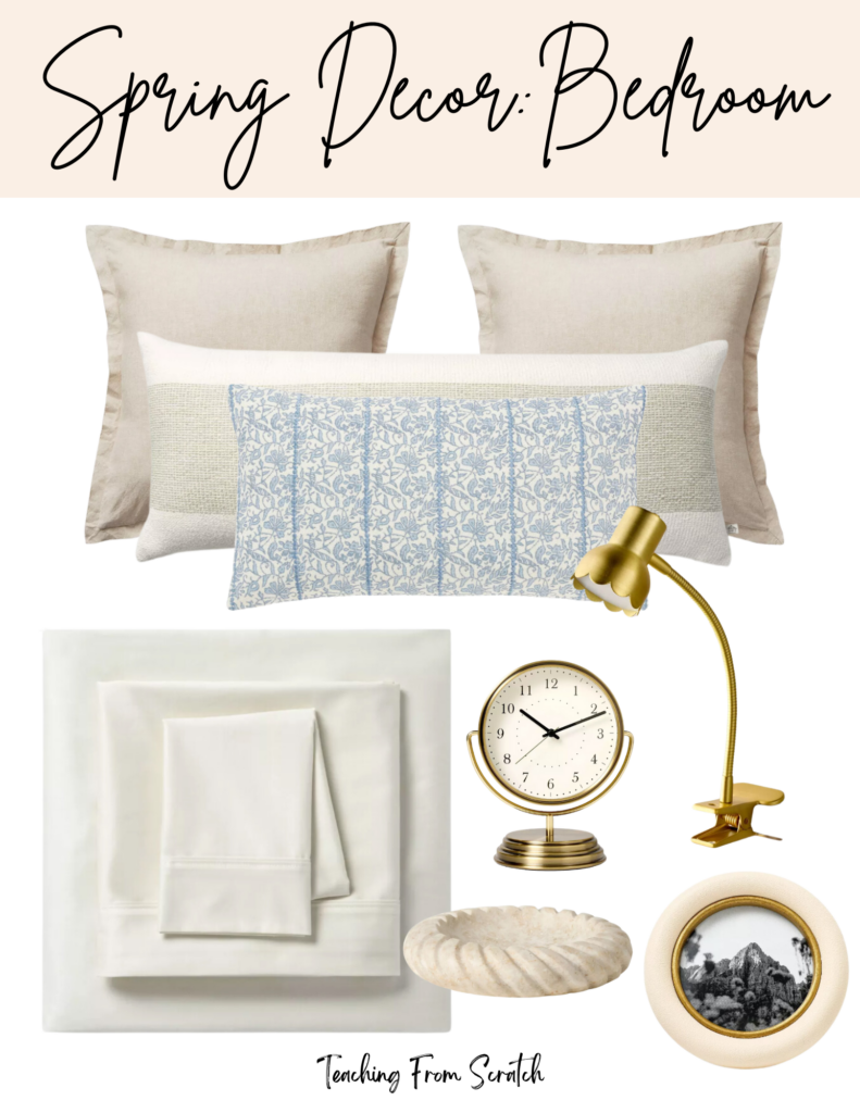 cozy spring decor. Image of multiple bedroom decor items including: two grey large throw pillows, white lumbar with greens stipe pillow, blue pattern floral pillow, cream sheets, gold scalloped clip light, gold analog small clock, twisted marble trinkets try, white and gold circular picture frame.