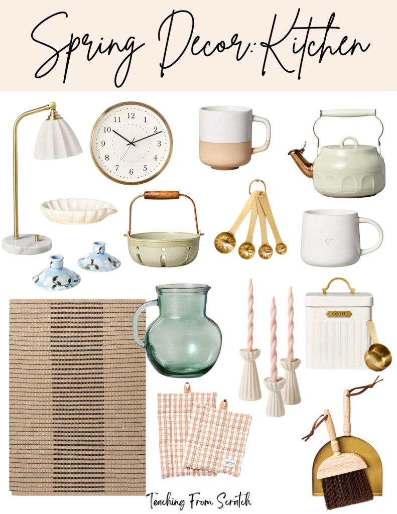 spring decor ideas. Image of multiple spring decor items including: marble scalloped brass table lamp, brass analog clock, scalloped spoon rest, white and clay ceramic mug, green tea kettle, blue and white flower pattern candle holders, ceramic green colander with wooden handle, gold measuring spoons. white mug with heart, tan and navy blue rug, green glass pitcher, white ceramic scalloped detail with pink twisted candles, white coffee tin, pink plaid pot holder, mini brass dust pan and broom with wooden handle. 