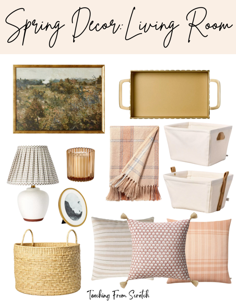 spring home decor ideas. Image of multiple spring decor items including: painting of flower field, bras scalloped tray, white ceramic lamp with gingham shade, amber scalloped candle, gold picture frame, pink plaid throw blanket, 2 white canvas storage bin with leather handle, tan woven basket, pink striped throw pillow, pink pattern throw pillow, pink plaid throw pillow. 