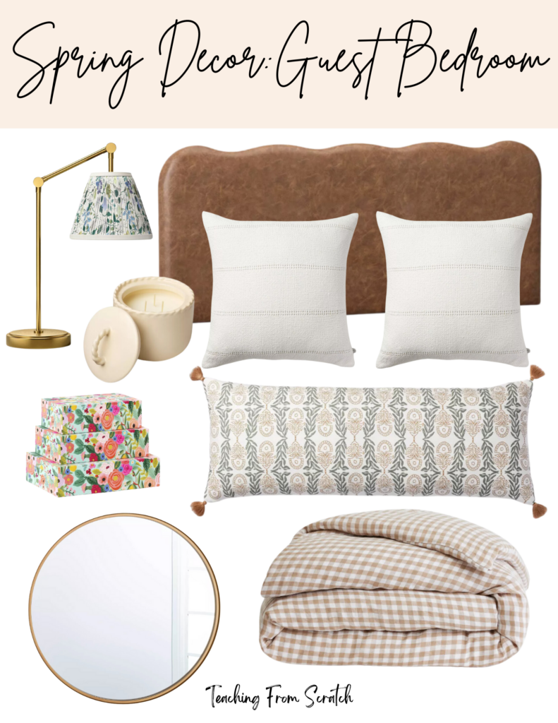 Image of multiple home decor items including: brass table lamp with floral shade, scalloped leather headboard, white oversize throw pillows, cream candle with twisted rope edge, set of 3 storage boxes with floral pattern, navy and pink pattern lumbar pillow, circle mirror with brass border, brown gingham duvet cover. 