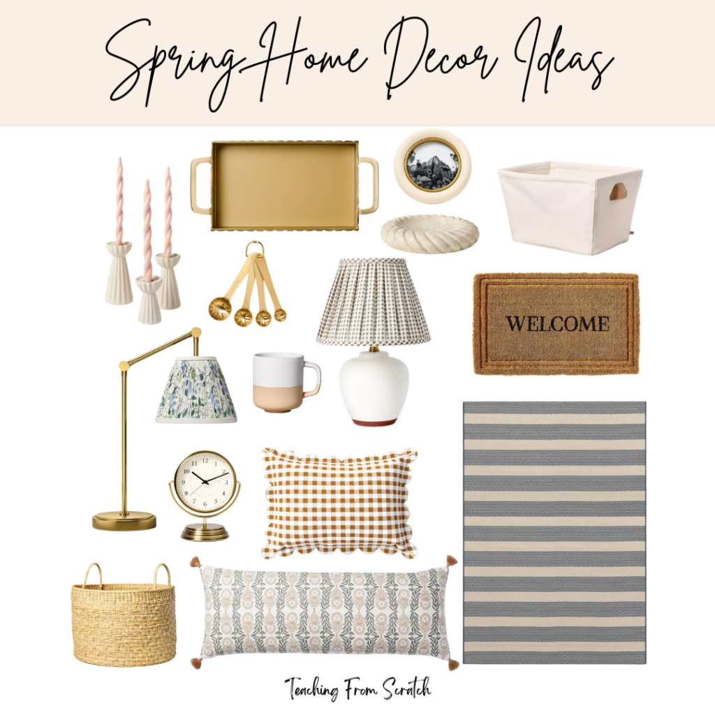 spring home inspiration. Image of multiple spring home decor items including: brass small hand broom and dust pan, pink twist candles in white ribbed candle holder, brass scalloped tray, circular white picture frame, white twisted trinket holder, white canvas storage bin, embossed welcome mat, striped outdoor rug, white lamp with plaid shade, brass measuring spoons, white and pink ceramic mug, brass lamp with floral shade, flower candle holders, blue speckled candle, basket, brass small clock, gingham print pillow, blue and pink pattern pillow.  