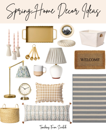 spring home inspiration. Image of multiple spring home decor items including: brass small hand broom and dust pan, pink twist candles in white ribbed candle holder, brass scalloped tray, circular white picture frame, white twisted trinket holder, white canvas storage bin, embossed welcome mat, striped outdoor rug, white lamp with plaid shade, brass measuring spoons, white and pink ceramic mug, brass lamp with floral shade, flower candle holders, blue speckled candle, basket, brass small clock, gingham print pillow, blue and pink pattern pillow.