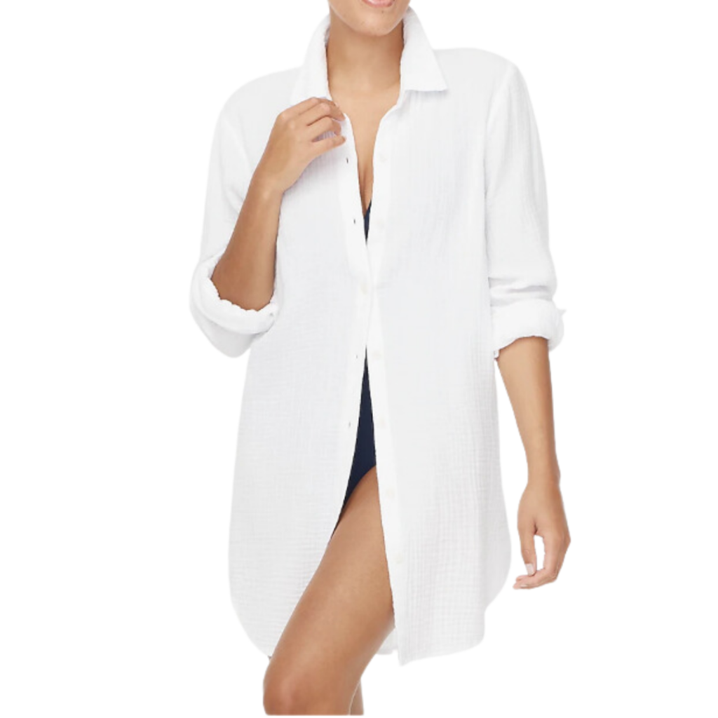 swimsuit coverups for women. Image of women in a white button-down beach tunic. 