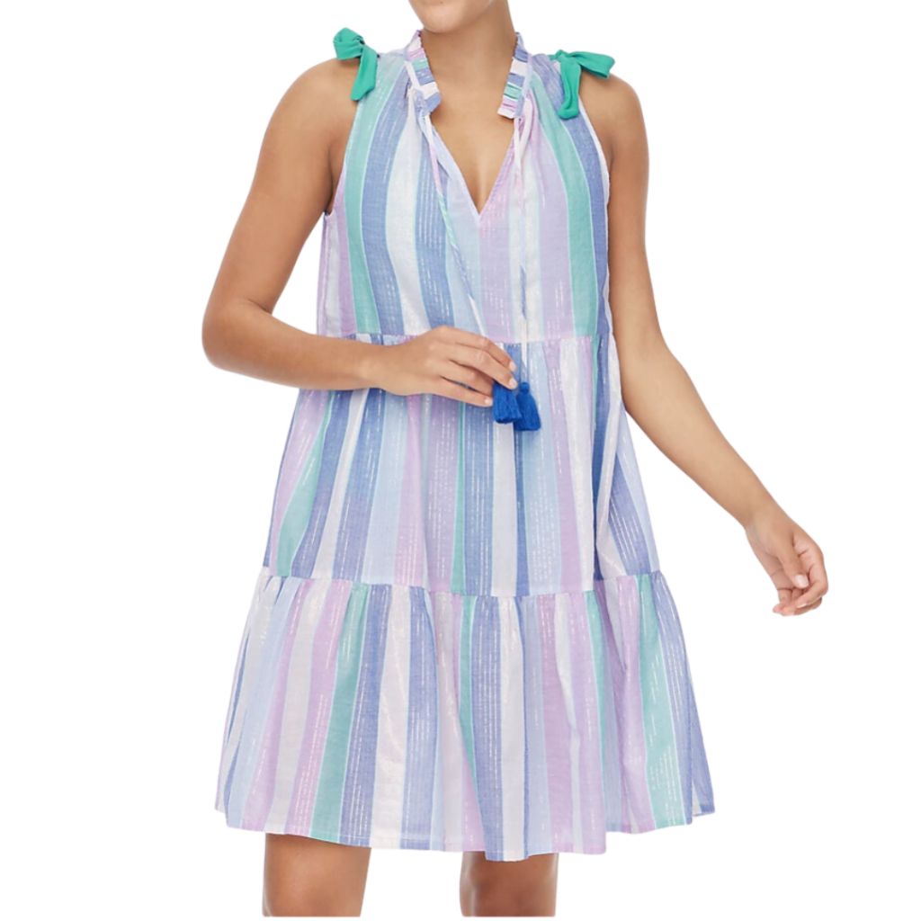 swimsuit coverups women. Image of woman wearing striped cover up in pastel pink, green, purple, and white. 