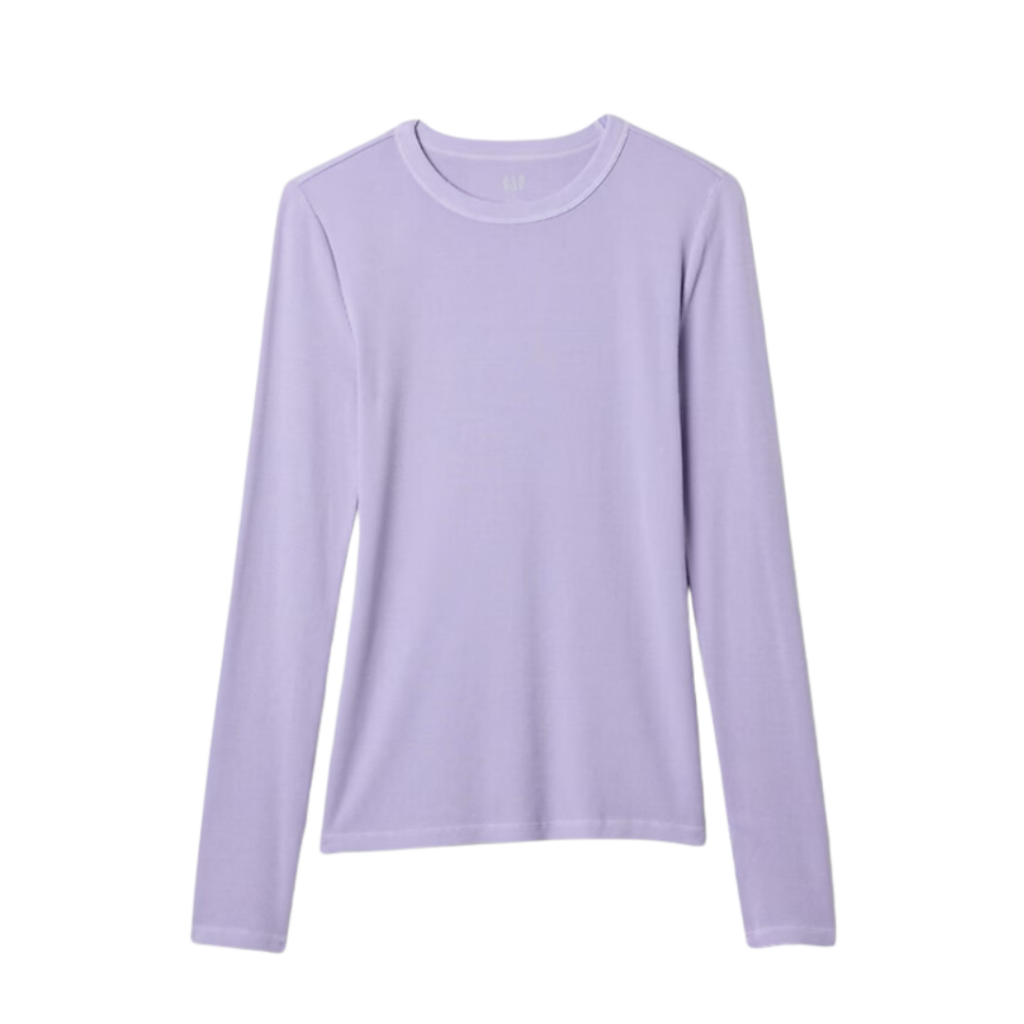 teacher outfits. Image of lavender long sleeve ribbed crewneck t-shirt.
