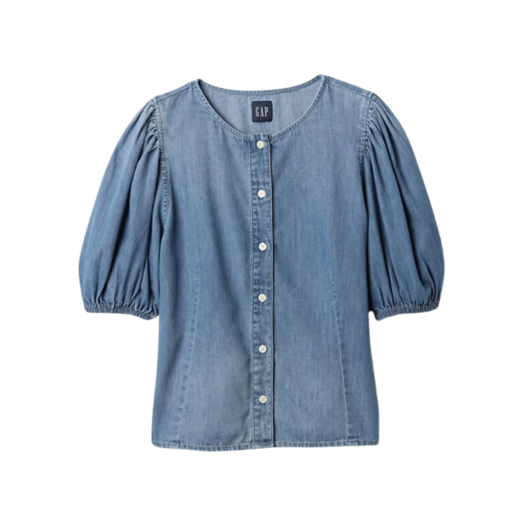 teacher outfits high school. Image of denim top with puff sleeve.
