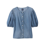 teacher outfit ideas. Image of denim blouse with puff sleeves and buttons.