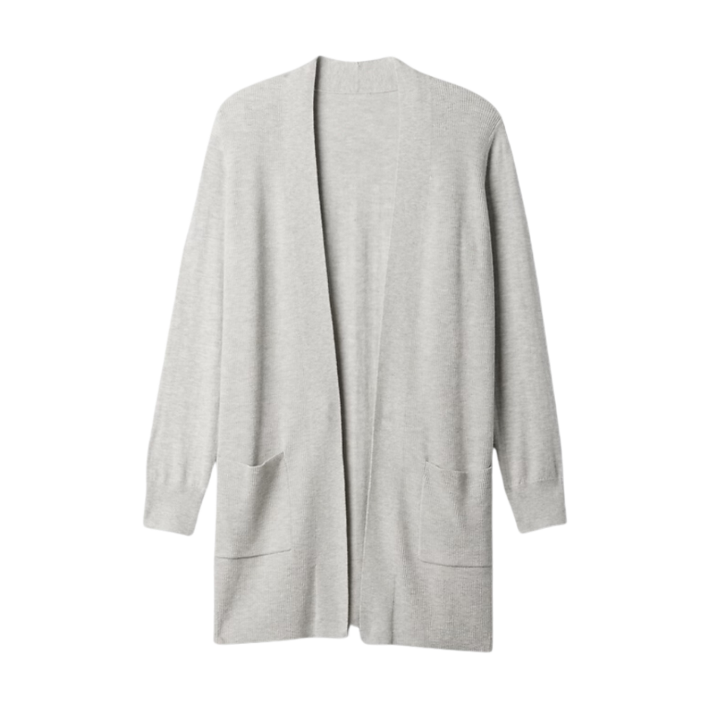 teacher outfits inspo. Image of light grey open knit long cardigan with pockets.