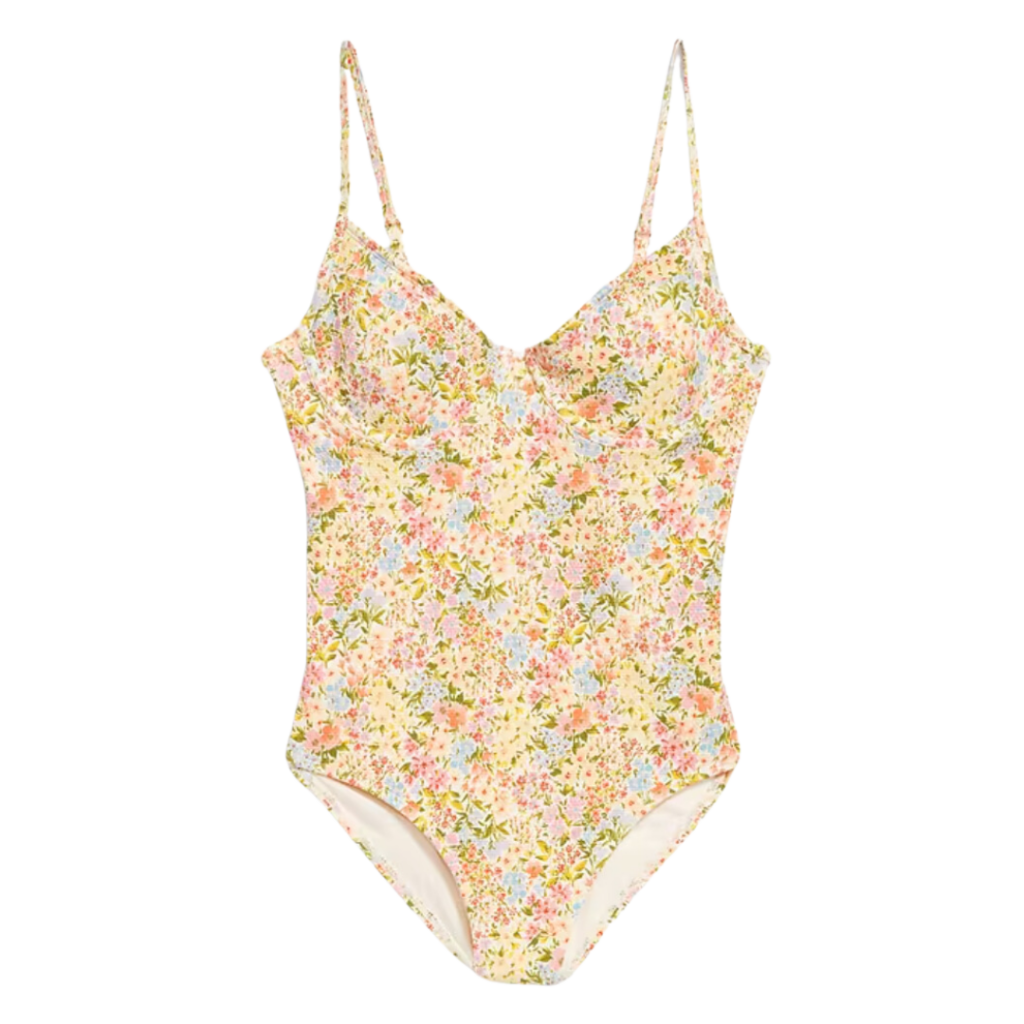 womens one piece swimsuit in yellow with pink and blue floral with green leaves print. 