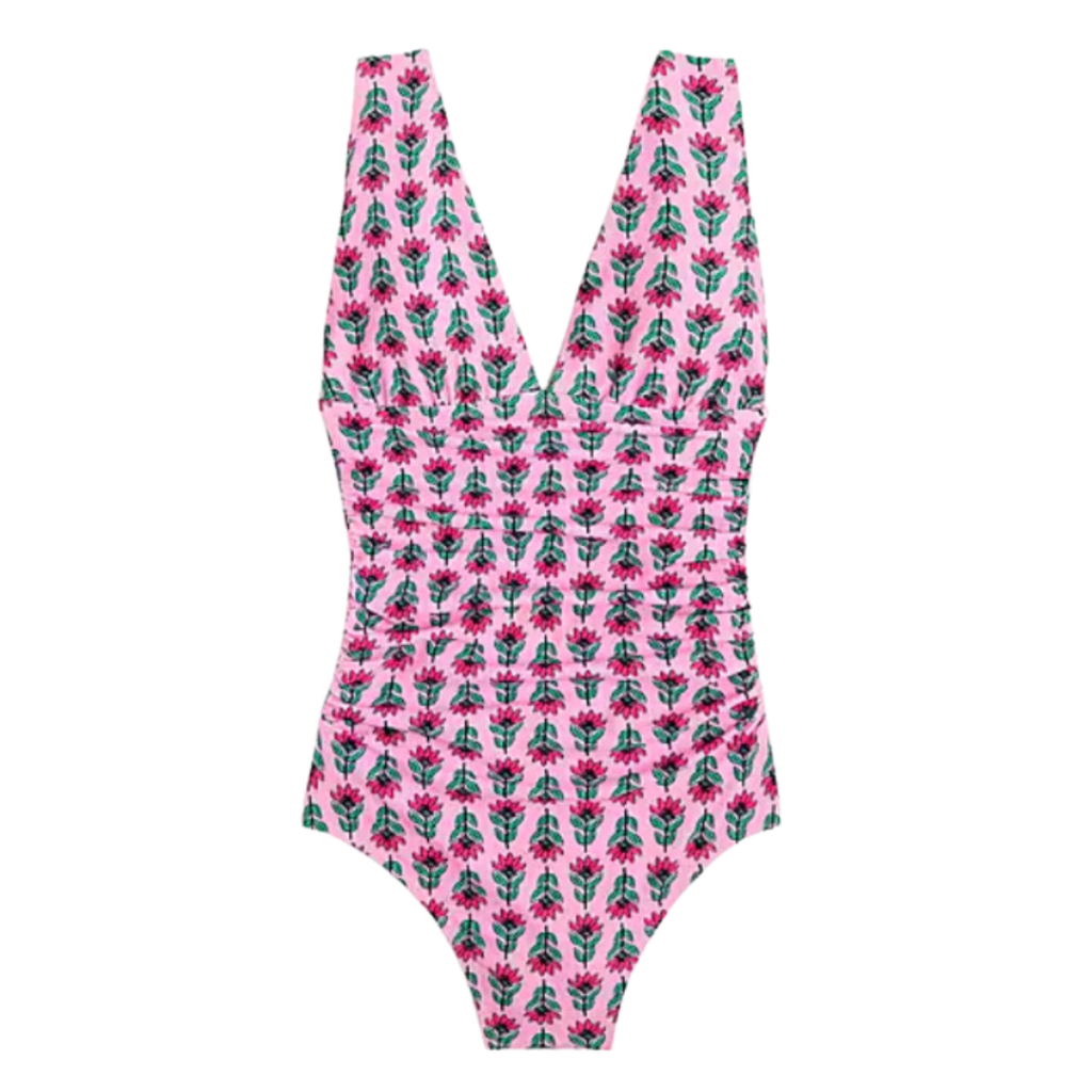 women's one piece swimsuits. Image of ruched plunge neck one piece swimsuit in pink and green pattern.