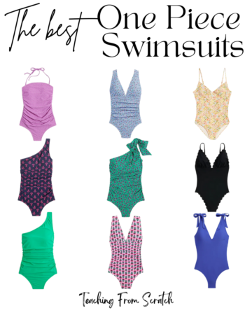 womens one piece swimsuits. Image of 9 swimsuits in variety of patterns and colors.