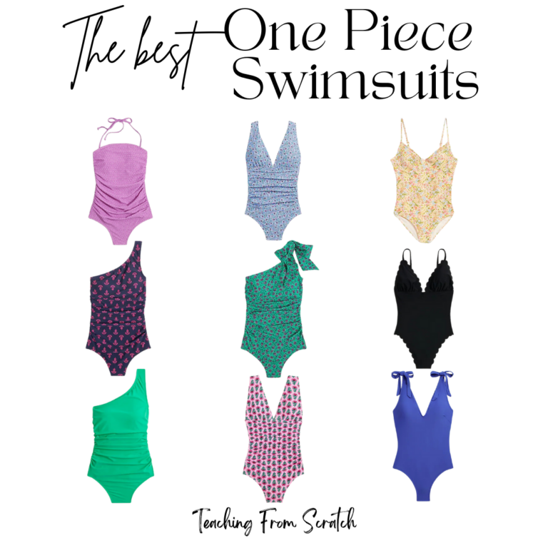 womens one piece swimsuits. Image of 9 swimsuits in variety of patterns and colors.