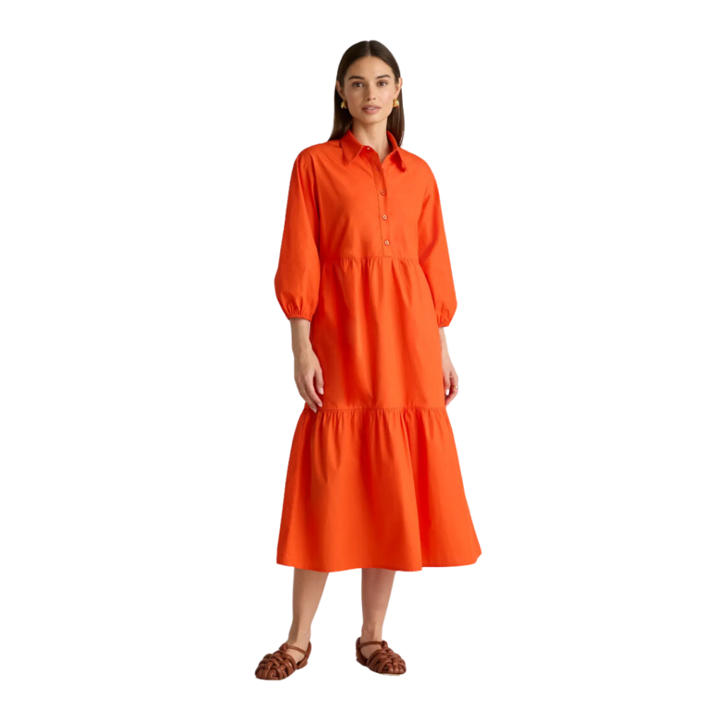 work dresses for women. Image in orange poplin dress with collar.