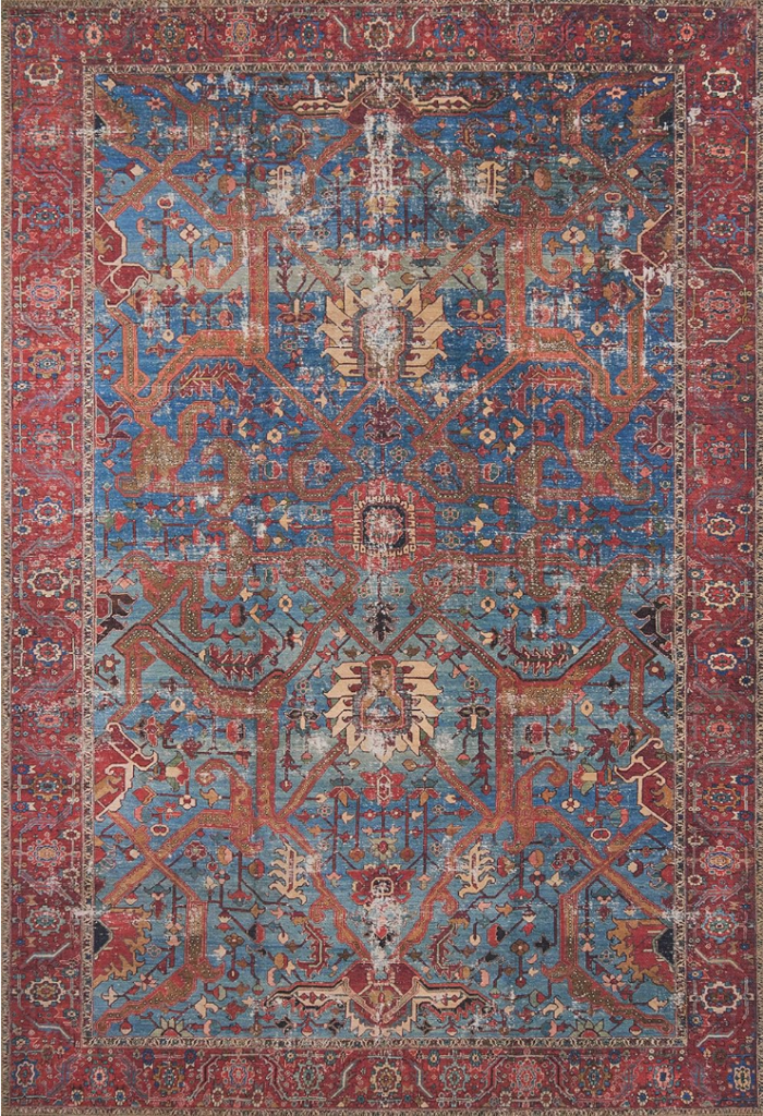affordable bedroom rugs. Image of vintage rug with red, blue, brown, and yellow. 