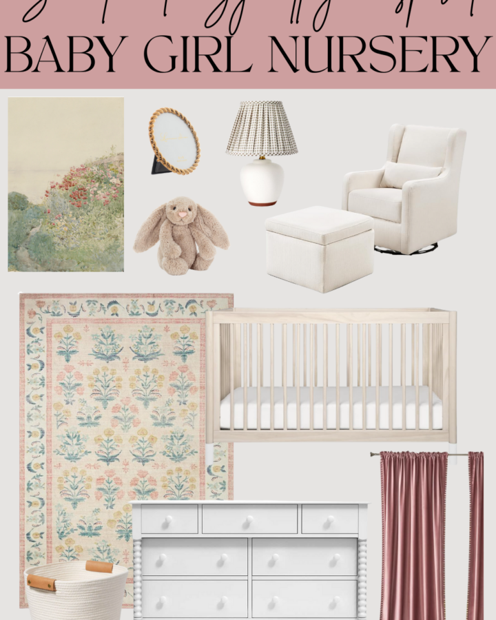 baby girl nursery tour. Image with text that says "sweet and cozy cottage inspired baby girl nursery" and images of: vintage floral landscape, gold picture frame, brown stuffed bunny, lamp with gingham shade, white glider, floral rug, light wood crib, white storage bin, white dresser, and pink curtains.