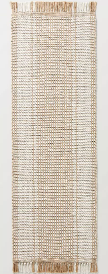 hallway runner ideas. Image of woven tan and cream grid pattern runner rug. 