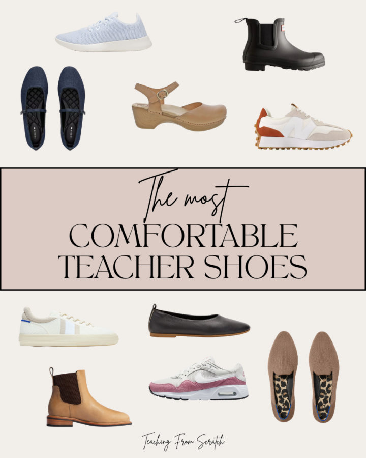 comfortable teacher shoes. Image of pin graphic with a variety of shoes (flats, boots, sandals, and sneakers) and font that says "The most comfortable teacher shoes"